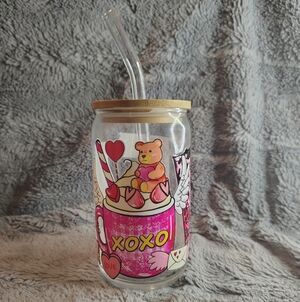 🩰 Valentines Cute LOVE Glass Tumbler with Straw